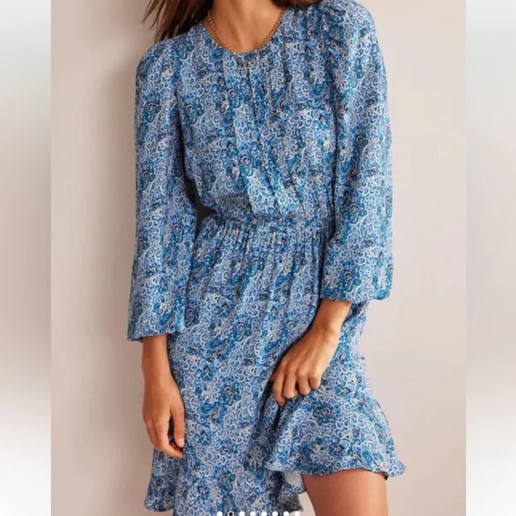 NWT Boden pleated Peplum Blue Print Long Sleeve Mini Dress Size 16-18 - Picture 10 of 11